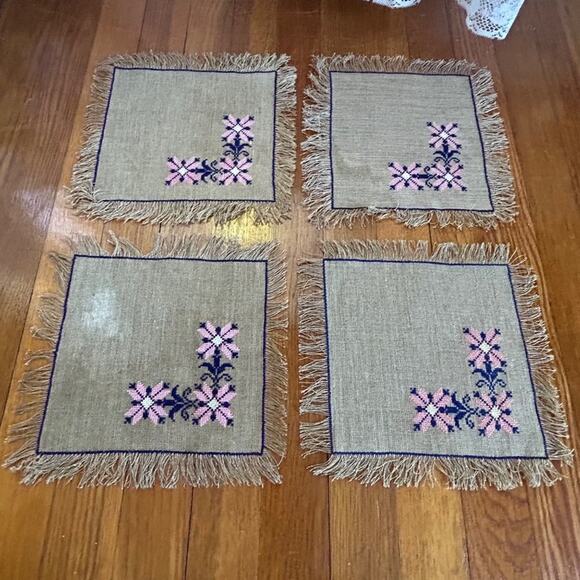 Vintage Pink Floral Embroidered 10”x10” Placemats on Burlap with Fringed Edge - Picture 2 of 9